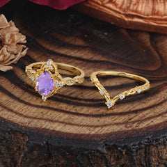 Luxury Vintage Pear-Cut Natural Amethyst Engagement Ring Set