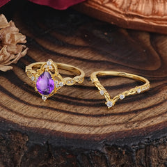 Luxury Vintage Pear-Cut Natural Amethyst Engagement Ring Set
