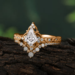 Unique Cut Kite Cut Moissanite Cluster Engagement Ring Set 2pcs