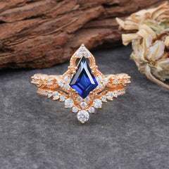 Unique Cut Kite Cut Sapphire Cluster Engagement Ring Set 2pcs