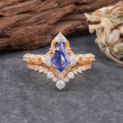 Unique Cut Kite Cut Tanzanite Cluster Engagement Ring Set 2pcs