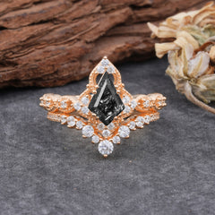 Unique Cut Kite Cut Natural Black Rutilated Quartz Cluster Engagement Ring Set 2pcs
