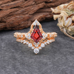Unique Cut Kite Cut Natural Garnet Cluster Engagement Ring Set 2pcs