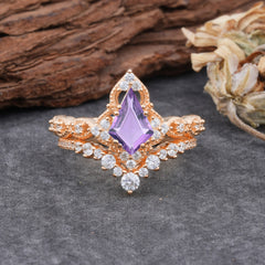 Unique Cut Kite Cut Natural Amethyst Cluster Engagement Ring Set 2pcs