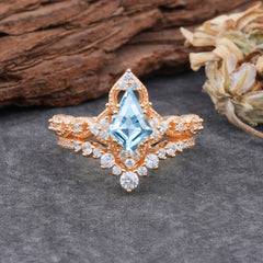 Unique Cut Kite Cut Natural Aquamarine Cluster Engagement Ring Set 2pcs