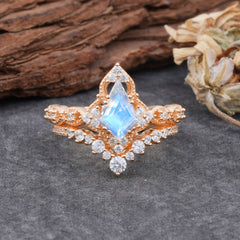 Unique Cut Kite Cut Moonstone Cluster Engagement Ring Set 2pcs