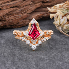 Unique Cut Kite Cut Natural Ruby Cluster Engagement Ring Set 2pcs