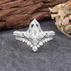 Unique Cut Kite Cut Moissanite Cluster Engagement Ring Set 2pcs