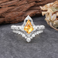 Unique Cut Kite Cut Citrine Cluster Engagement Ring Set 2pcs
