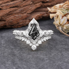 Unique Cut Kite Cut Natural Black Rutilated Quartz Cluster Engagement Ring Set 2pcs