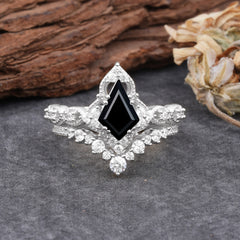 Unique Cut Kite Cut Black Onyx Cluster Engagement Ring Set 2pcs