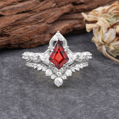 Unique Cut Kite Cut Natural Garnet Cluster Engagement Ring Set 2pcs