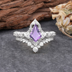 Unique Cut Kite Cut Natural Amethyst Cluster Engagement Ring Set 2pcs