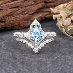 Unique Cut Kite Cut Natural Aquamarine Cluster Engagement Ring Set 2pcs