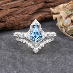 Unique Cut Kite Cut Aquamarine Cluster Engagement Ring Set 2pcs