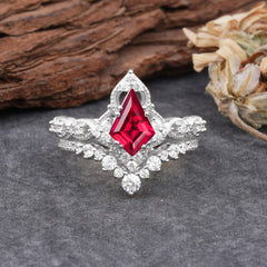 Unique Cut Kite Cut Natural Ruby Cluster Engagement Ring Set 2pcs