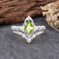 Unique Cut Kite Cut Peridot Cluster Engagement Ring Set 2pcs