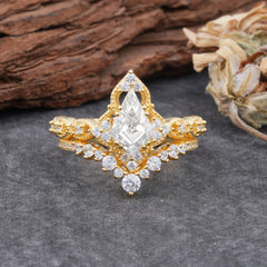 Unique Cut Kite Cut Moissanite Cluster Engagement Ring Set 2pcs