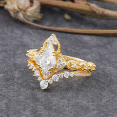 Unique Cut Kite Cut Moissanite Cluster Engagement Ring Set 2pcs