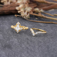 Unique Cut Kite Cut Moissanite Cluster Engagement Ring Set 2pcs