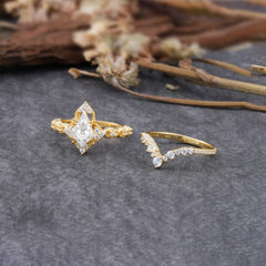 Unique Cut Kite Cut Moissanite Cluster Engagement Ring Set 2pcs