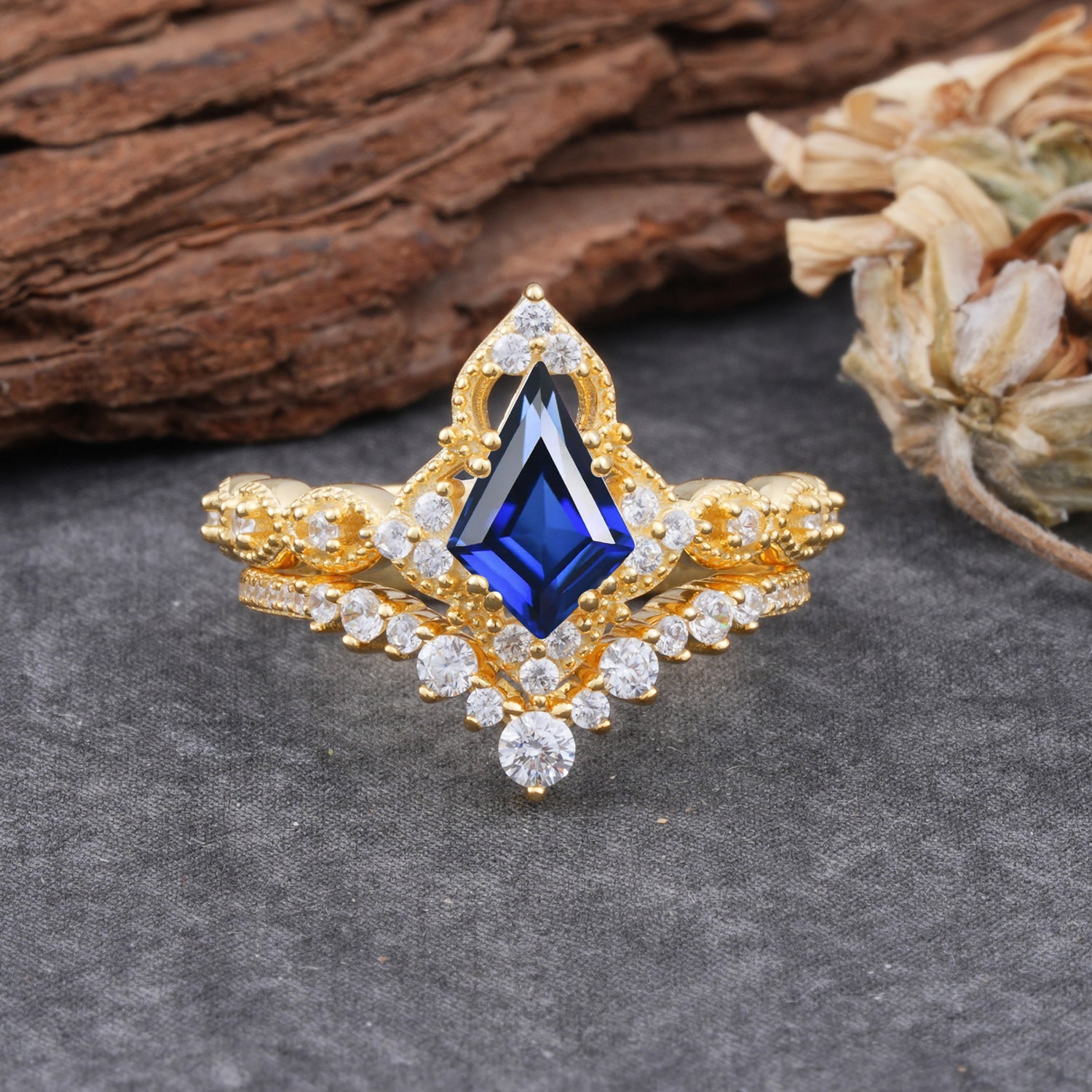 Unique Cut Kite Cut Sapphire Cluster Engagement Ring Set