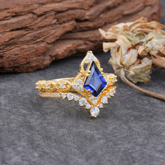 Unique Cut Kite Cut Sapphire Cluster Engagement Ring Set 2pcs