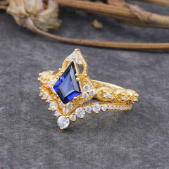 Unique Cut Kite Cut Sapphire Cluster Engagement Ring Set 2pcs