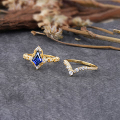 Unique Cut Kite Cut Sapphire Cluster Engagement Ring Set 2pcs