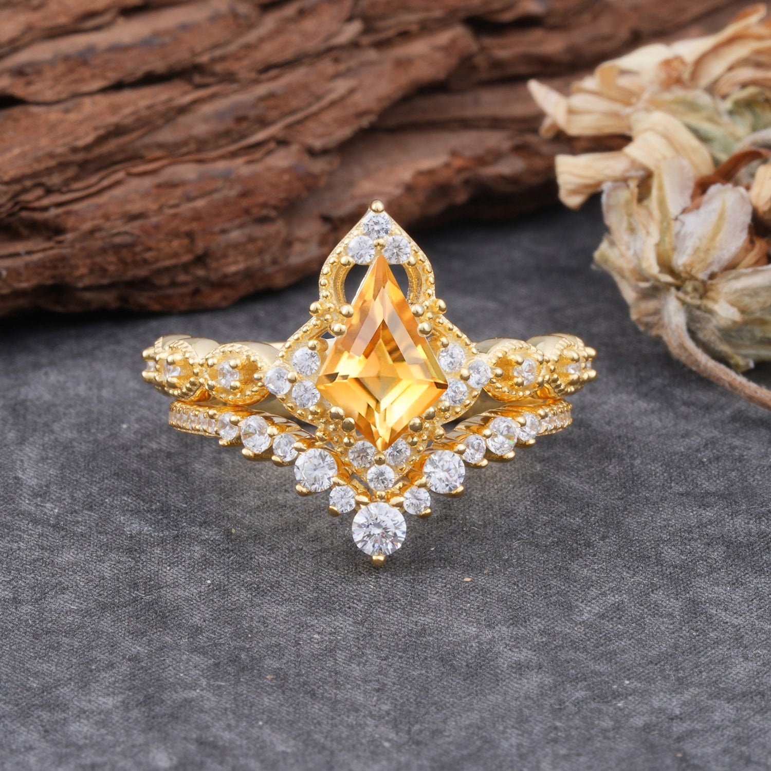 Unique Cut Kite Cut Citrine Cluster Engagement Ring Set