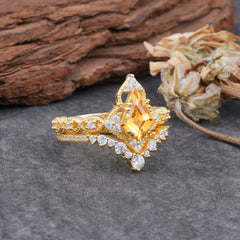 Unique Cut Kite Cut Citrine Cluster Engagement Ring Set 2pcs