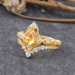 Unique Cut Kite Cut Citrine Cluster Engagement Ring Set 2pcs