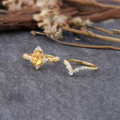 Unique Cut Kite Cut Citrine Cluster Engagement Ring Set 2pcs
