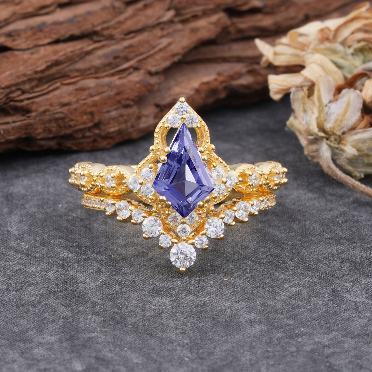 Unique Cut Kite Cut Tanzanite Cluster Engagement Ring Set