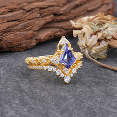 Unique Cut Kite Cut Tanzanite Cluster Engagement Ring Set 2pcs
