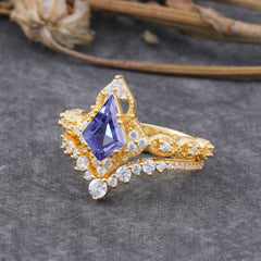 Unique Cut Kite Cut Tanzanite Cluster Engagement Ring Set 2pcs