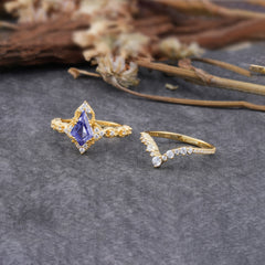 Unique Cut Kite Cut Tanzanite Cluster Engagement Ring Set 2pcs