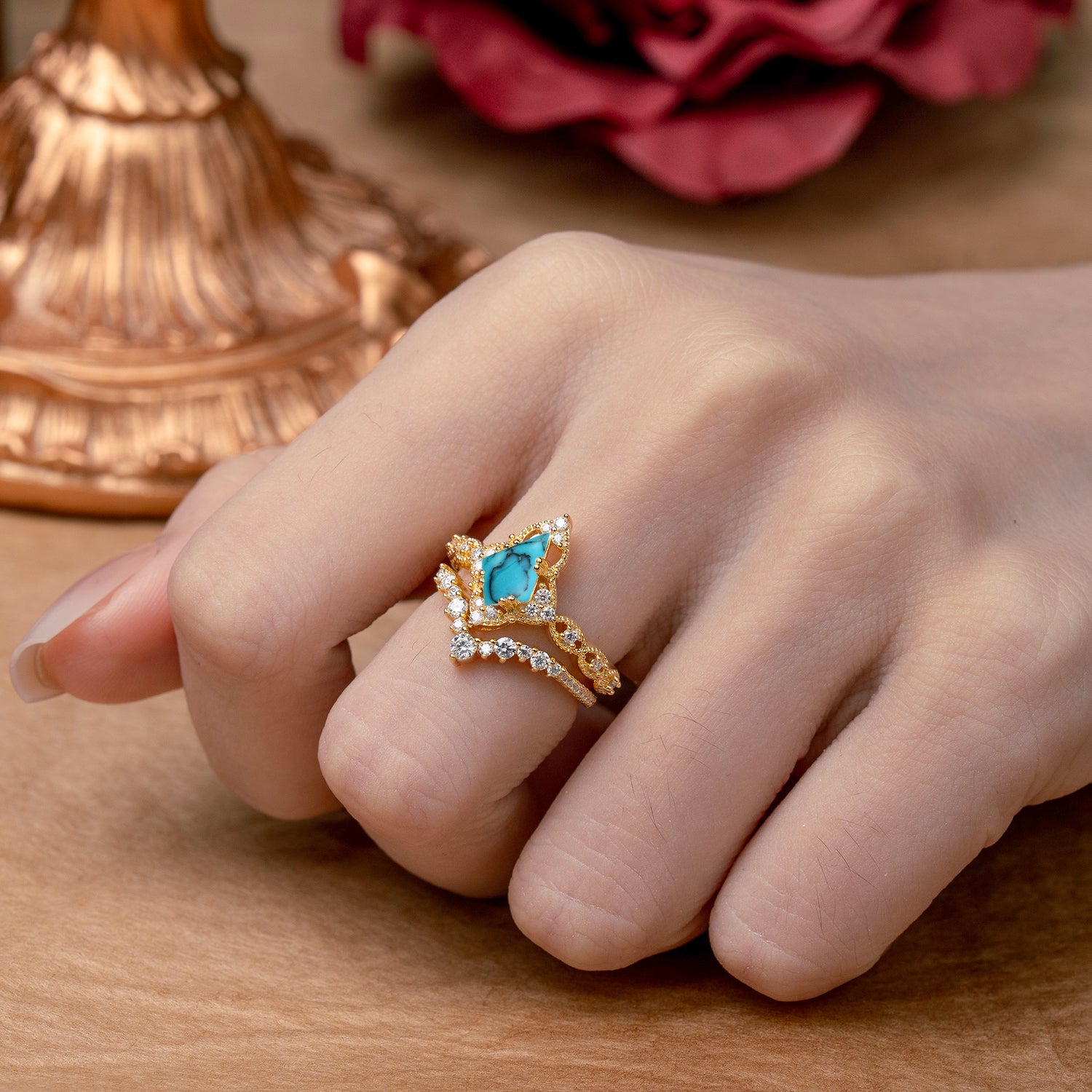 Unique Cut Kite Cut Turquoise Cluster Bridal Ring Set