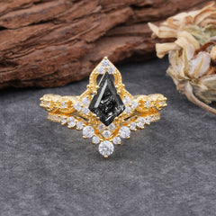 Unique Cut Kite Cut Natural Black Rutilated Quartz Cluster Engagement Ring Set 2pcs