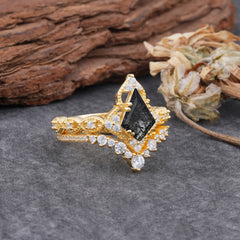 Unique Cut Kite Cut Natural Black Rutilated Quartz Cluster Engagement Ring Set 2pcs