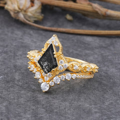 Unique Cut Kite Cut Natural Black Rutilated Quartz Cluster Engagement Ring Set 2pcs