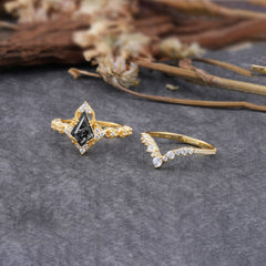 Unique Cut Kite Cut Natural Black Rutilated Quartz Cluster Engagement Ring Set 2pcs