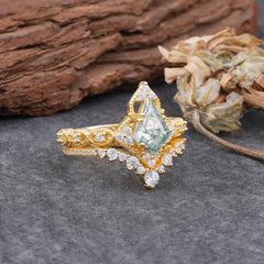 Unique Cut Kite Cut Natural Moss Agate Cluster Engagement Ring Set 2pcs