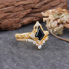 Unique Cut Kite Cut Black Onyx Cluster Engagement Ring Set 2pcs