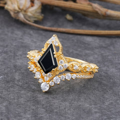 Unique Cut Kite Cut Black Onyx Cluster Engagement Ring Set 2pcs
