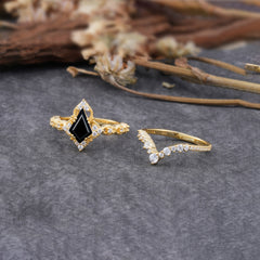 Unique Cut Kite Cut Black Onyx Cluster Engagement Ring Set 2pcs