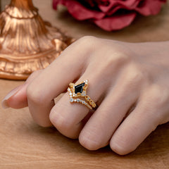 Unique Cut Kite Cut Black Onyx Cluster Engagement Ring Set 2pcs