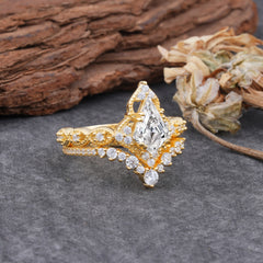 Unique Cut Kite Cut Lab Diamond Cluster Engagement Ring Set 2pcs