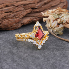 Unique Cut Kite Cut Natural Garnet Cluster Engagement Ring Set 2pcs