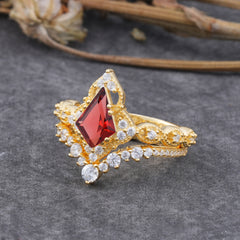 Unique Cut Kite Cut Natural Garnet Cluster Engagement Ring Set 2pcs